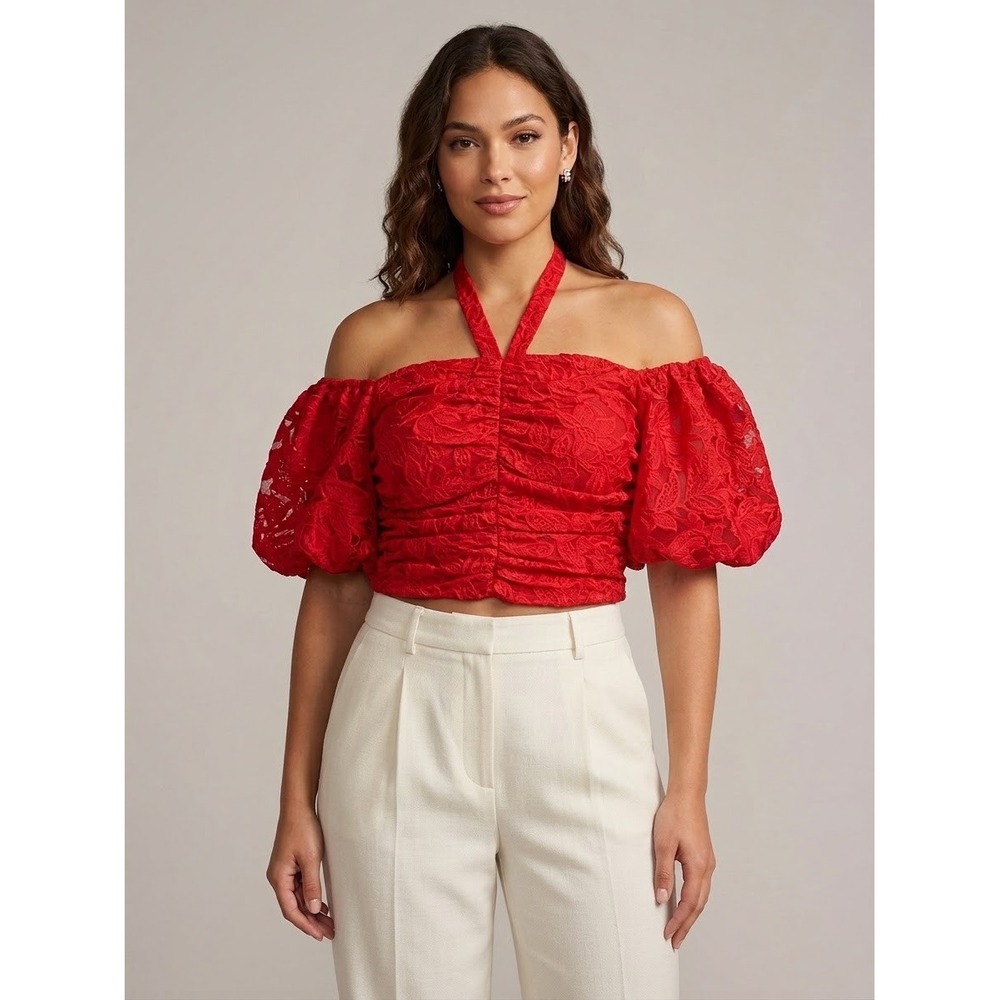 Venus Red Lace Halter Off Shoulder Puff Sleeve Romantic Ruched Crop Top Size 8